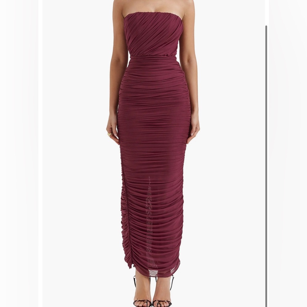 House of CB Strapless Ruched Mesh Gown